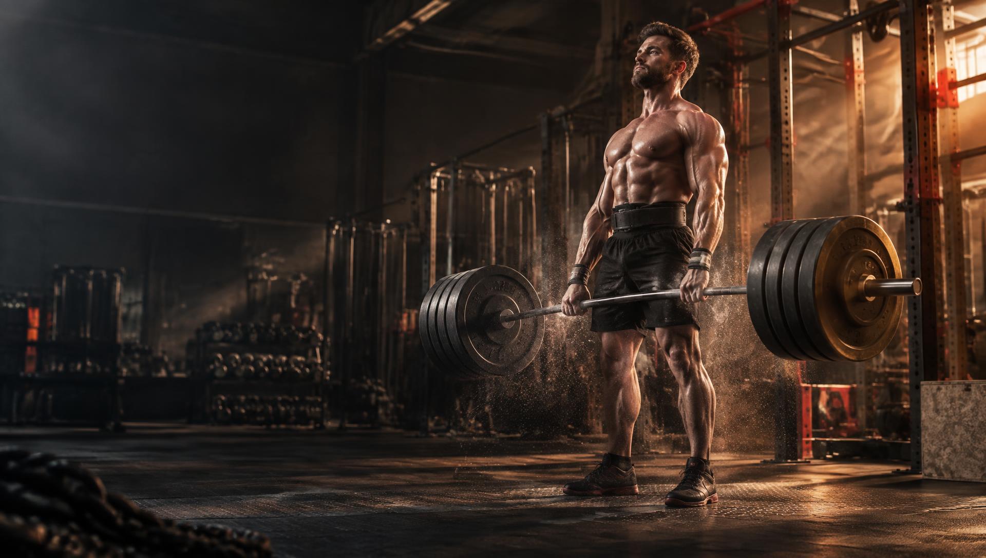 Athlete completing a heavy barbell deadlift inside Iron House gym